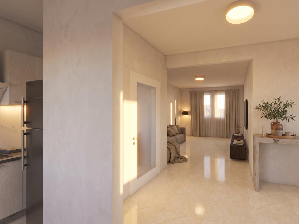 Rendering di progetto: disimpegno che distribuisce cucina e zona notte